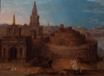 VALCKENBORCH Semiramis ante la ciudad de Babilonia. Pintura Flamenca s. XVII.