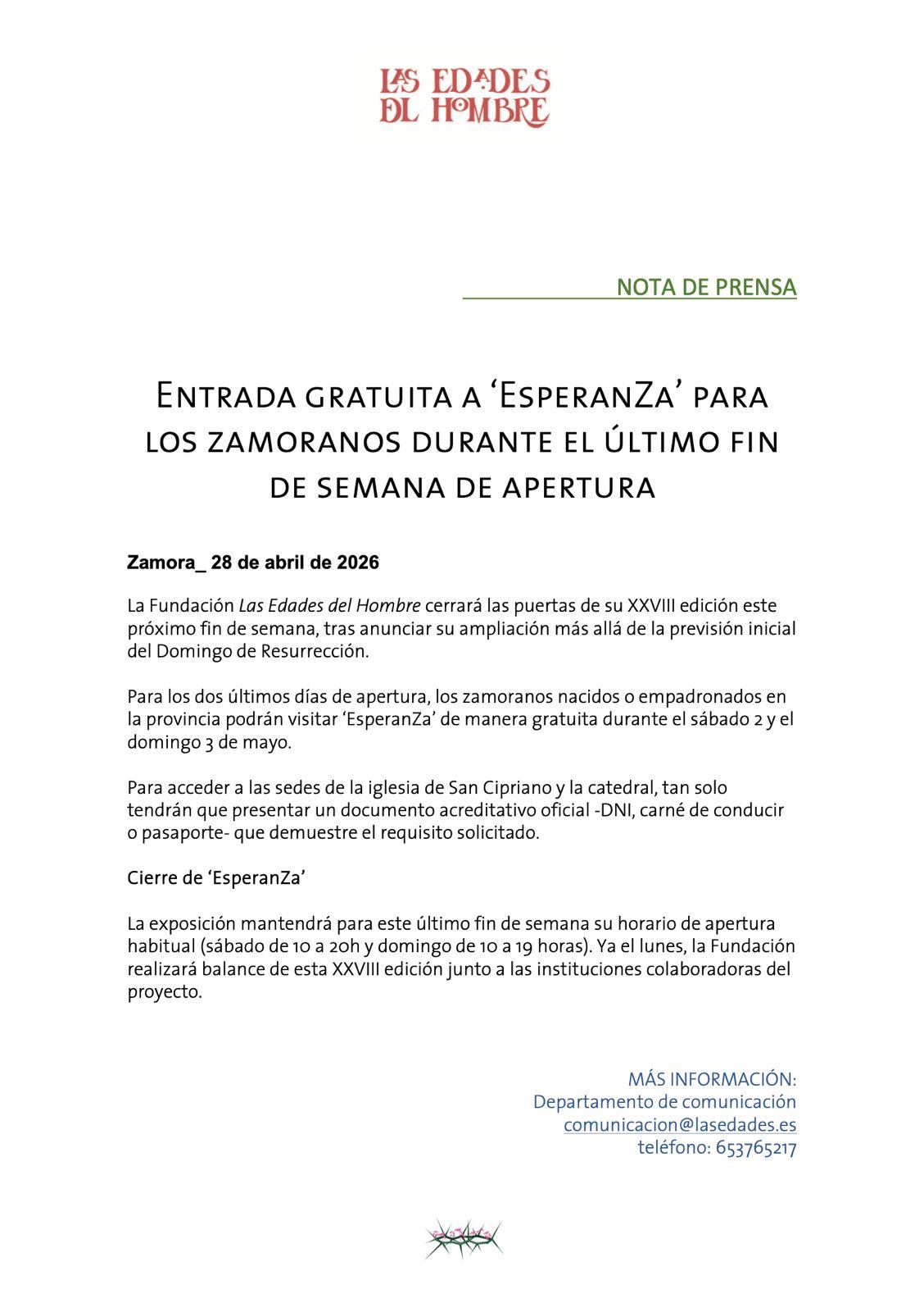 ENTRADA GRATUITA PARA LOS ZAMORANOS EL 2 Y 3 DE MAYO